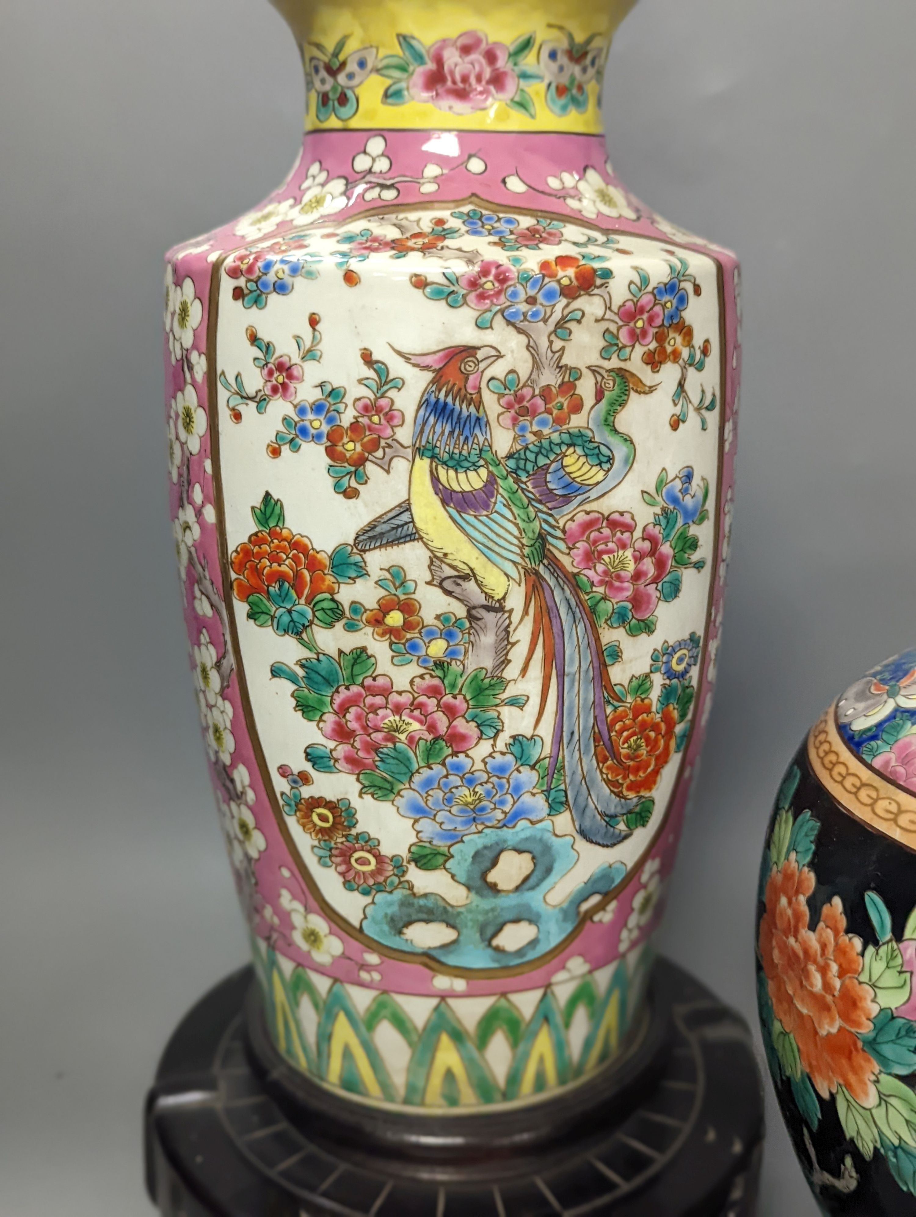 A Japanese porcelain jar and cover and a similar vase converted to a lamp, Table lamp 70 cms including stand and light fitting.